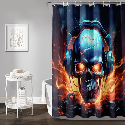 AILONEN Headset Skull Shower Curtain,Hip Hop Skeleton Fire Skull Bath Curtain,Cool Skull Decoration Bathroom Curtain with 12 Plastic Hooks,Waterproof 72" W*96" H