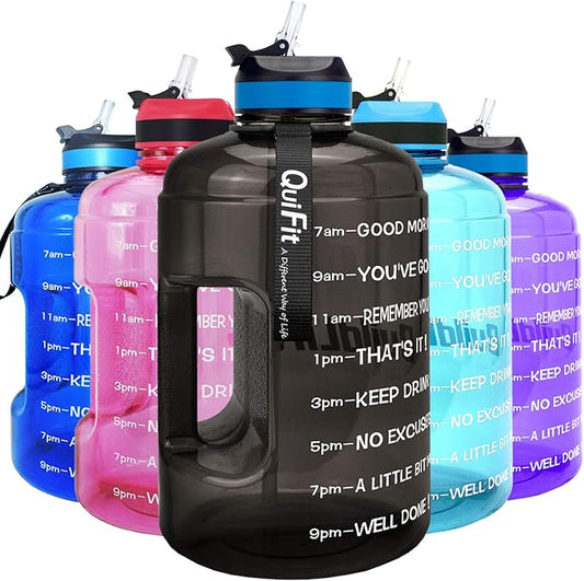 QuiFit Motivational Gallon Water Bottle - with Straw & Time Marker BPA Free Large Reusable Sport Water Jug with Handle for Fitness Outdoor Enthusiasts Leak-Proof