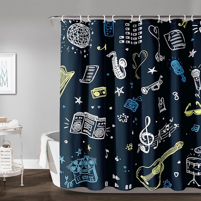 AILONEN Graffiti Note Music Shower Curtain,Hip Hop Music Art Bath Curtain Minimalist Bathroom Curtain 72" W*96" H Polyester Waterproof Bathroom Curtain with 12 Hooks