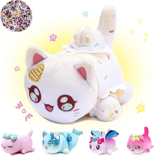 61 PCS 11 inches Ice Cream Cat Plush + 60 Sticker Cute Kawaii Cat Plush Collection 100% Polyester Plushie Pillow Embroidered Soft Stuffed Animal Collectible (Ice Cream Cat)