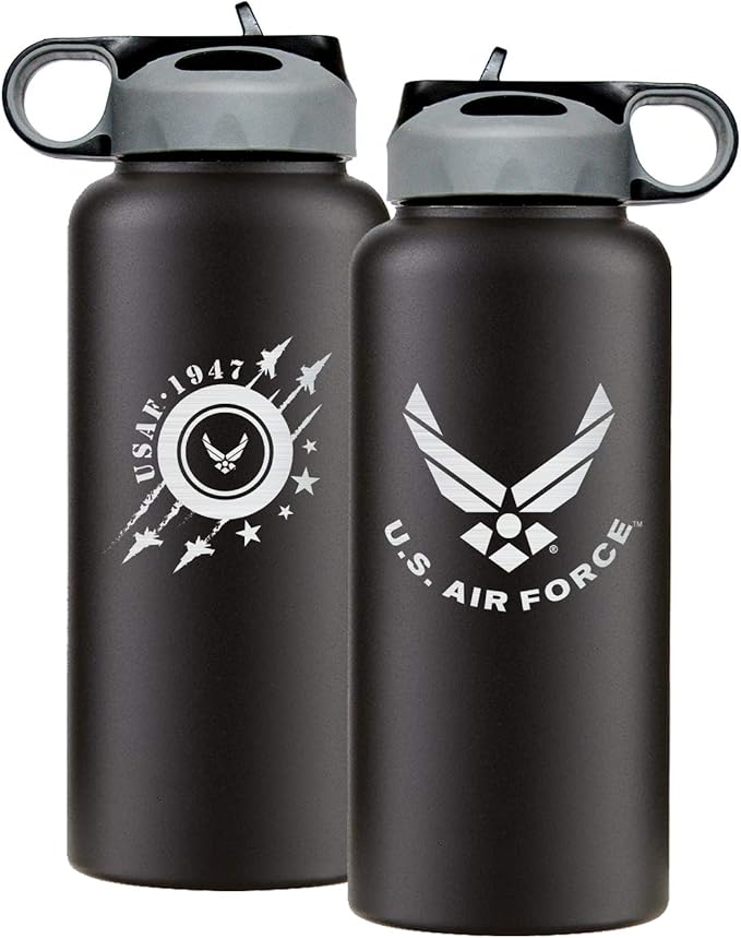 32oz Air Force Stainless Steel Insulated Water Bottle with Engraved USAF Logo - Air Force Gifts for Veterans | Disabled USMC Vet Owned SMALL Business
