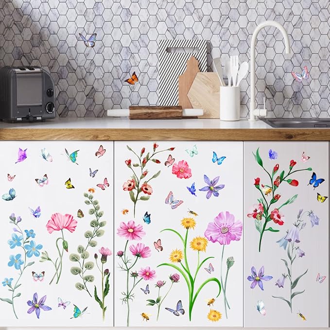 Large Flower Wall Decals,Vinyl Butterfly Wildflower Wall Stickers, Removable Wall Murals Peel and Stick Floral Wall Art Decor Wallpaper for Living Room Bedroom Kitchen Office