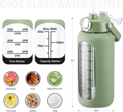 64 oz Glass Water Bottle with Straw and 2 Lids, Half Gallon Water Bottle with Sleeve, Large Insulated 2 Liter Glass Water Jug Time Marker with Handle - Olive