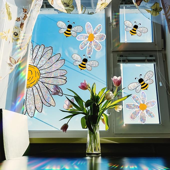 8Pcs Rainbow Window Clings,Bee Flowers Suncatcher Sticker for Window,Window Cings for Glass Windows,Bird Deterrent for Windows (Bee Flowers)