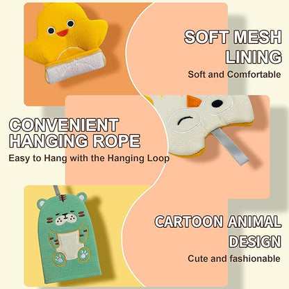 4 Pcs Children Bath Mitt Washcloths Gloves Kids Body Scrubber for Bathing with Cute Animal Shape, Wash Cloths for Babies, Bath Sponge for Kids & Toddler & Adults(Cute Tiger, Eagle, Duckling, Chicken)