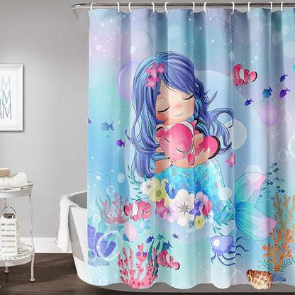 AILONEN Beautiful Mermaid Shower Curtain,Cute Mermaid Bath Curtain for Girls Teens,Ocean Curtain,Cartoon Fish Print Blue Waterproof Curtain for Bathroom Decor, 72" W x 84" H