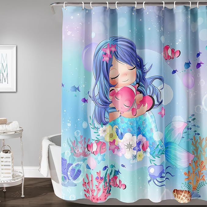 AILONEN Beautiful Mermaid Shower Curtain,Cute Mermaid Bath Curtain for Girls Teens,Ocean Curtain,Cartoon Fish Print Blue Waterproof Curtain for Bathroom Decor, 60" W x 72" H