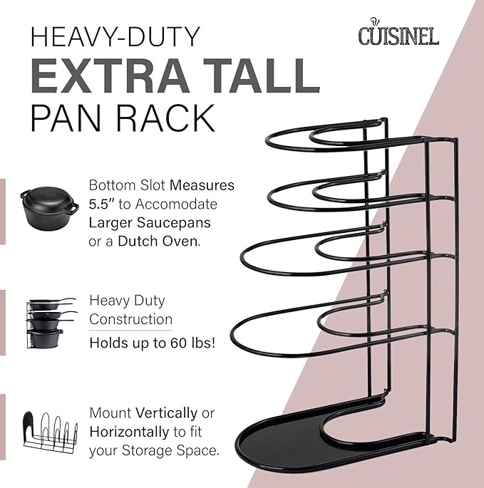 Cuisinel Heavy Duty Pots and Pans Organizer - Extra Large 5-Tier Rack - Holds Cast Iron Skillets, Dutch Oven - Durable Construction - Space Saving Kitchen Storage - No Assembly Required - Black 15.4"