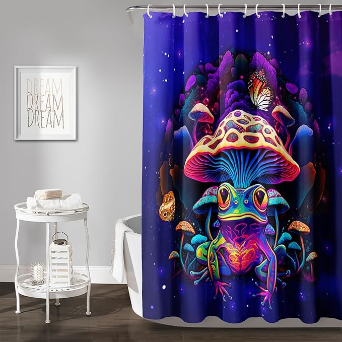AILONEN Colorful Frog Shower Curtains,Poisonous Mushroom Printed Bath Curtains for Kids,Purple Polyester Waterproof for Bathroom,48" W*72" H with 12 Plastic Hooks