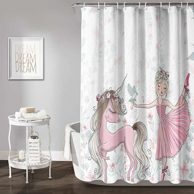 AILONEN Unicorn Shower Curtain, Cartoon Unicorn with Ballerina Girl Shower Curtain Set for Girls Teens Kids,Watercolor Pink Flowers Fabric Shower Curtain for Bathroom,48" W*72" H