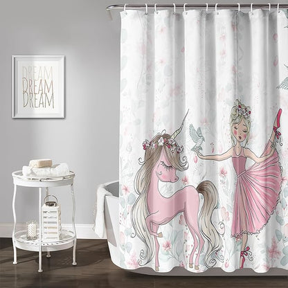 AILONEN Unicorn Shower Curtain, Cartoon Unicorn with Ballerina Girl Shower Curtain Set for Girls Teens Kids,Watercolor Pink Flowers Fabric Shower Curtain for Bathroom,72" W*84" H