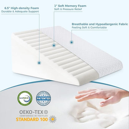 7.5" Wedge Pillow,New Patented Ergonomic Contour Design,Memory Foam Triangle Wedge Pillow for Back Pain Relief, Acid Reflux, Gerd, Heartburn and Snoring,Post Surgery Pillow for Body Elevation