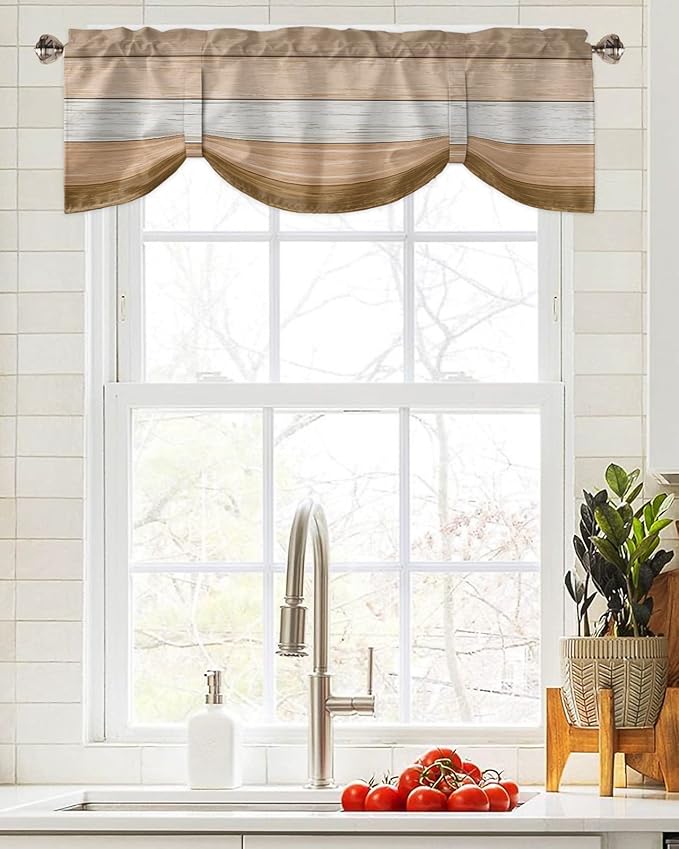 Farmhouse Summer Blackout Tie Up Valance Curtains for Kitchen Windows,Brown Beach Fall Window Toppers Balloon Shades for Living Room/Bathroom/Bedroom,1 Panel,42" X 12" Rustic Barn Wood Texture