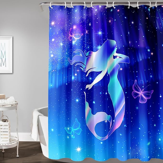 AILONEN Mermaid Shower Curtain for Bathroom,Blue Mermaid Star Girls Kids Bath Curtain 72" W*72" H,Beautiful Mermaid Decorative Waterproof Curtain with 12 Plastic Hooks