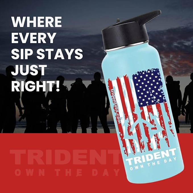 American Flag Water Bottle, 32 oz Insulated Water Bottle, Reusable Water Bottle with Straw, Leak Proof Water Bottles, Thermos Water Bottle - Combat Veteran Small Business (Light Blue, 32 Oz)