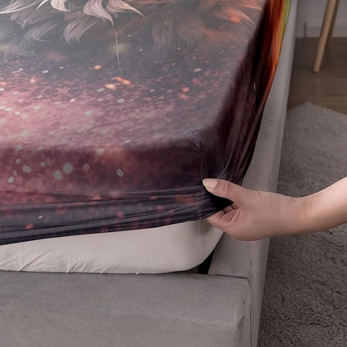 AILONEN Wolf Fitted Sheet Set Queen Size, Red Floral Flower and Wolves Animals Bed Sheet Set,3 Pieces Safari Wolf Bed Sheet Set for Boys Girls,1 Fitted Sheet with 2 Pillowcases