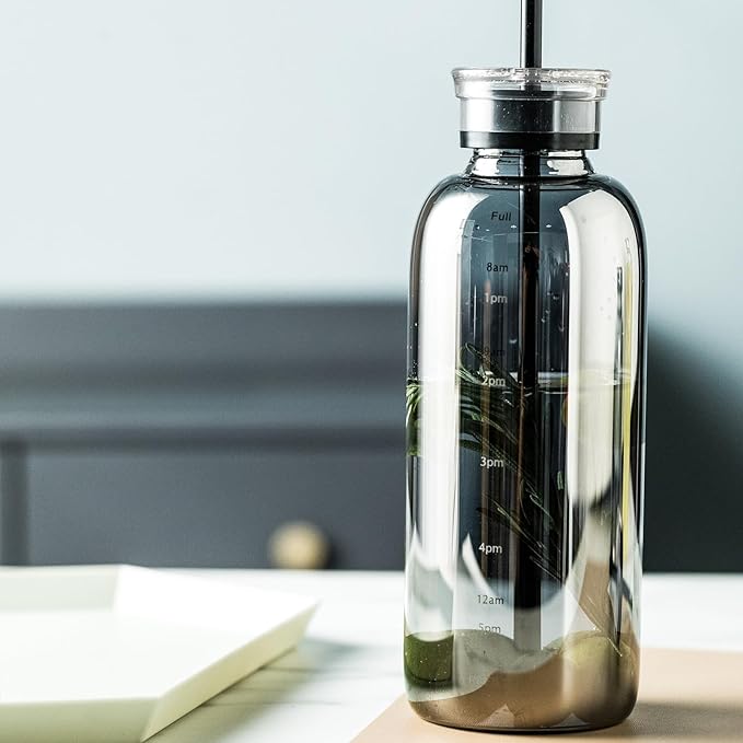 Glass water bottle With Time Marker -24oz with 2 caps and straw,Reusable Glass Drinking Bottles，Suitable For Drinks, Juices, Sodas, Coke, As Gifts Etc (Smoky 24oz*2pcs)