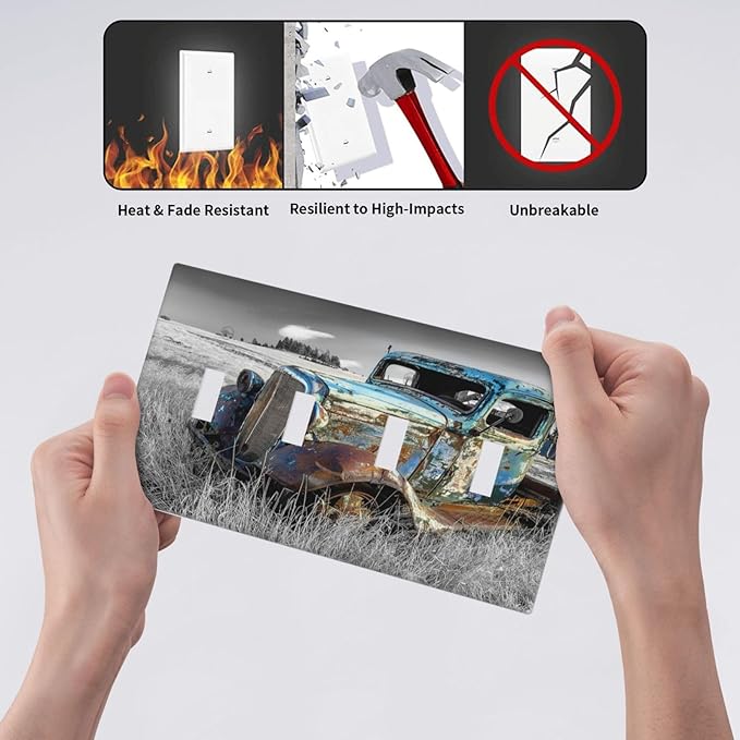 Vintage Country Old Blue Truck Quad Toggle Light Switch Cover Decorative Rustic Automobile 4 Gang Wall Plate Electrical Faceplate Switchplate for Farmhouse Bathroom Bedroom Living Room Decor