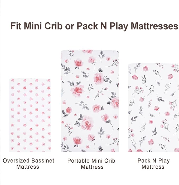 3 Pack Mini Crib Sheets, Premium Pack N Play Sheets for Boys Girls Neutral, Soft Breathable Baby Sheets Fit Pack N Play, Playard and Mini Crib Mattresses, Floral Flowers