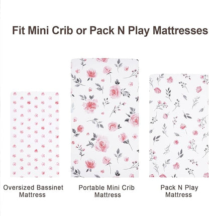 3 Pack Mini Crib Sheets, Premium Pack N Play Sheets for Boys Girls Neutral, Soft Breathable Baby Sheets Fit Pack N Play, Playard and Mini Crib Mattresses, Floral Flowers