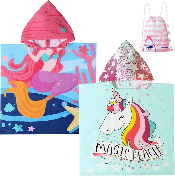 2Pcs Unicorn and Mermaid Kids Bath Pool Beach Hooded Poncho Super Soft & Absorbent Towel with Drawstring Bag, 24 x 24 Inches