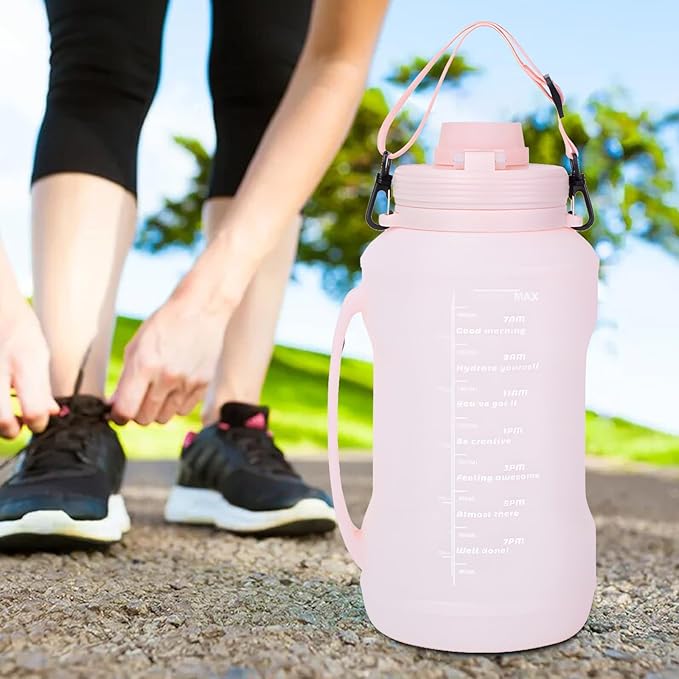 Collapsible 64oz Water Bottle with Handle & Straw - Spill-Proof Foldable Silicone Bottle for Men/Women (Pink, 2L)