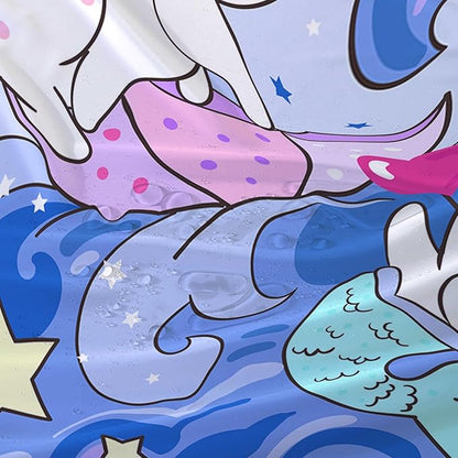 AILONEN Cute Cat Shower Curtain,Kawaii Cartoon Mermaid Kitten Polyester Cloth Bath Curtain Set for Girls Boys,Kittens with Spray Waterproof Shower Curtains for Bathroom, 72" W*84" H Blue