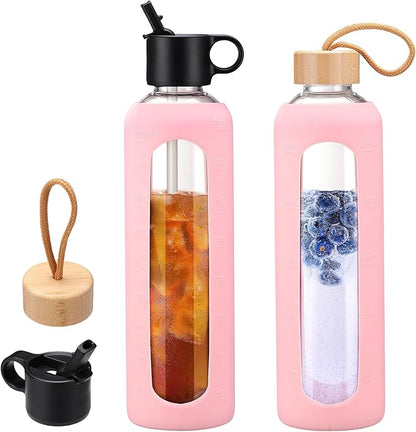 32oz Glass Water Bottle With 2 Lids-Flip Straw Lid, Bamboo Lid, Glass Water Bottle With Silicone Sleeve, Motivational Time Marker, Glass Juice Bottle for Cold Drink,Pink