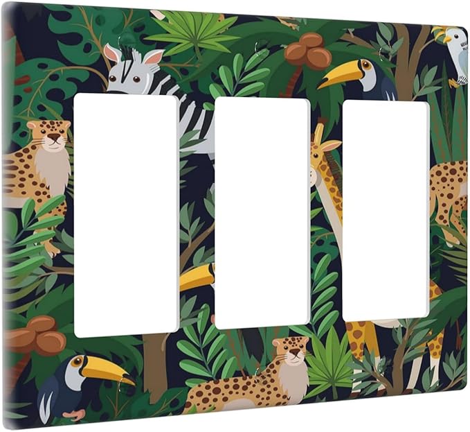Cartoon Animal Zebra Leopard Giraffe Bird Leaf 3 Gang Rocker Nursery Light Switch Covers Decorative Triple Outlet Wall Plate Cover Faceplate Decorative Switchplate GFCI for Kidroom Decor