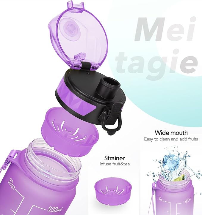 32oz/26oz Motivational Water Bottle with Time Marker & Fruit Strainer, Leak-proof BPA Free Non-Toxic 1l Bottle with Carrying Strap, Perfect for Fitness, Gym and Outdoor Sports, Plastic