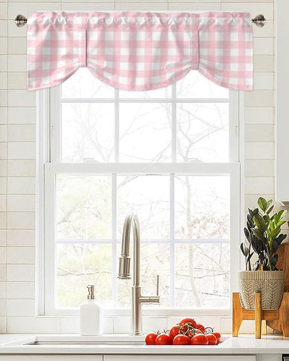 Christmas Blackout Tie Up Valance Curtains for Kitchen Windows Rustic Pink White Buffalo Check Plaid Pattern Window Toppers Balloon Shades for Living Room/Bathroom/Bedroom,1 Panel, 54" X 18",Farmhouse