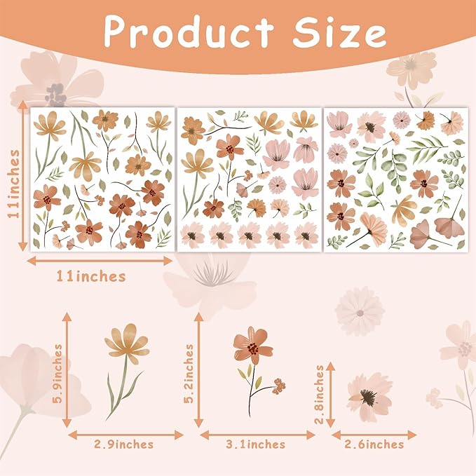 Small Flowers Wall Sticker Boho Floral Leaf Wall Decal Watercolor Botanical Leaves Wall Decals Plants Flowers Wall Stickers Removable Retro Floral Wall Decals for Nursery Bedroom Decor