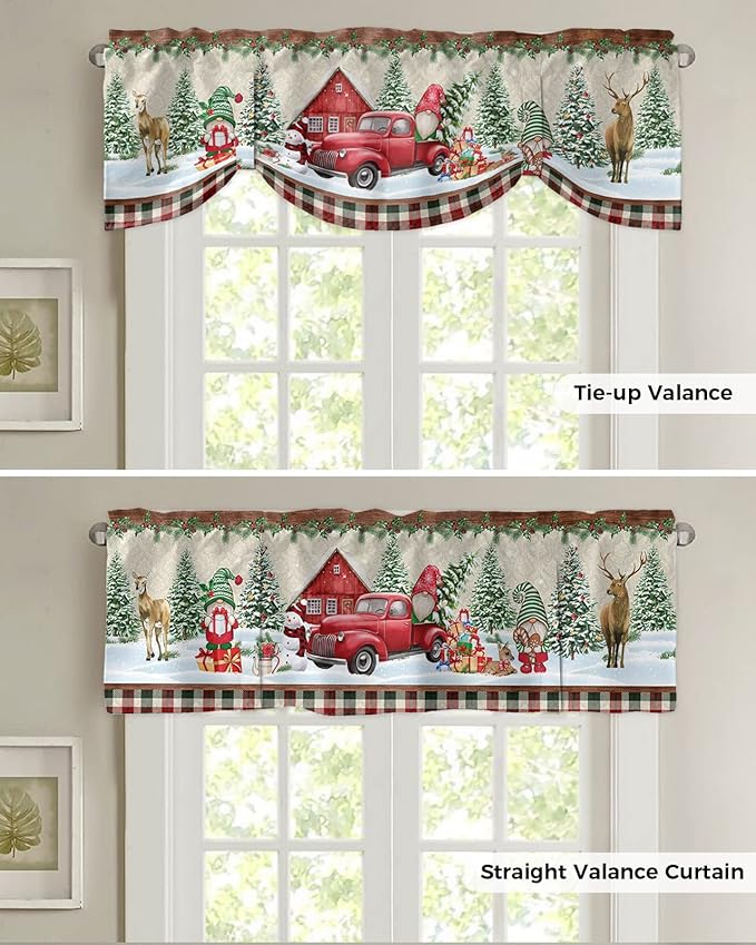 Christmas Farmhouse Blackout Tie Up Valance Curtains for Kitchen Windows Red Truck Gnomes Window Toppers Balloon Shades for Living Room/Bathroom/Bedroom,1 Panel,54" X 18" Winter Holiday Snowman