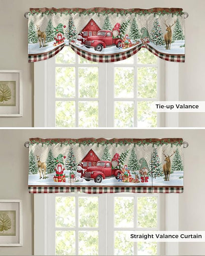 Christmas Farmhouse Blackout Tie Up Valance Curtains for Kitchen Windows Red Truck Gnomes Window Toppers Balloon Shades for Living Room/Bathroom/Bedroom,1 Panel,42" X 12" Winter Holiday Snowman