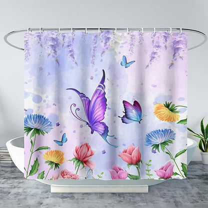 AILONEN Girls Butterfly Shower Curtain for Bathroom,Colorful Floral Flower Purple Watercolor Butterfly Printed Bath Curtain 72" W*72" H Polyester Fabric Waterproof Bathroom Curtain with 12 Hooks