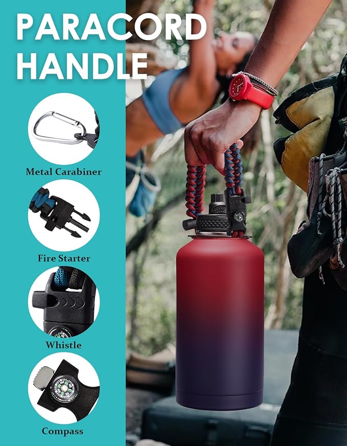 64 oz Water Bottles Insulated - Cold 48H Hot 24H, Half Gallon Water Jug w/Straw & Spout Lid, Handle Strap Carrier Bag, Leak Proof 2Liter Stainless Steel Thermo Flask for Gym Sports Work Coral Orange