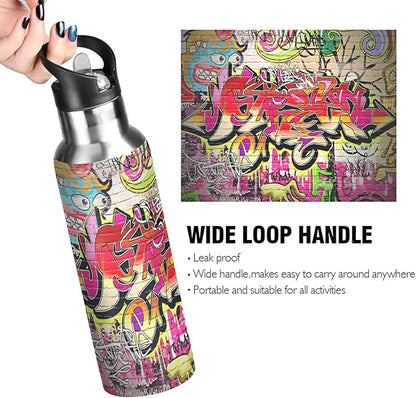xigua Graffiti Wall Water Bottle, BPA Free Stainless Steel Water Bottle Leak-Proof Sports Bottle for Camping Workouts Gym and Outdoor Activity, 22oz