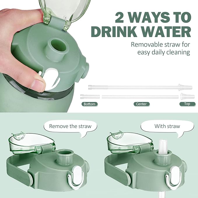 kytffu 42oz Glass Water Bottles with Straw, Motivational Glass Bottle with Silicone Sleeve and Time Marker, Leakproof Large Glass Water Jug for Gym Home Office,Olive