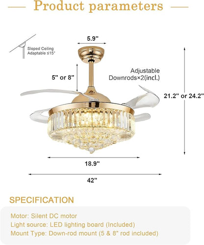 42'' Gold Crystal Chandelier Fan Fandelier Retractable Ceiling Fan with Light and Remote, Invisible Fandelier Ceiling Fan with Light for Bedroom Living Room(crystal-gold)