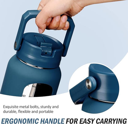 64 oz Glass Water Bottle with Straw and 2 Lids, Half Gallon Water Bottle with Sleeve, Large Insulated 2 Liter Glass Water Jug Time Marker with Handle - Dark Blue