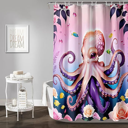AILONEN Cartoon Pink Octopus Shower Curtain for Bathroom,Octopus Tentacles with Rose Bath Curtain for Kids,Girls,Ocean Animal Theme Waterproof Fabric Shower Curtain Set with Hooks,60" W*72" H