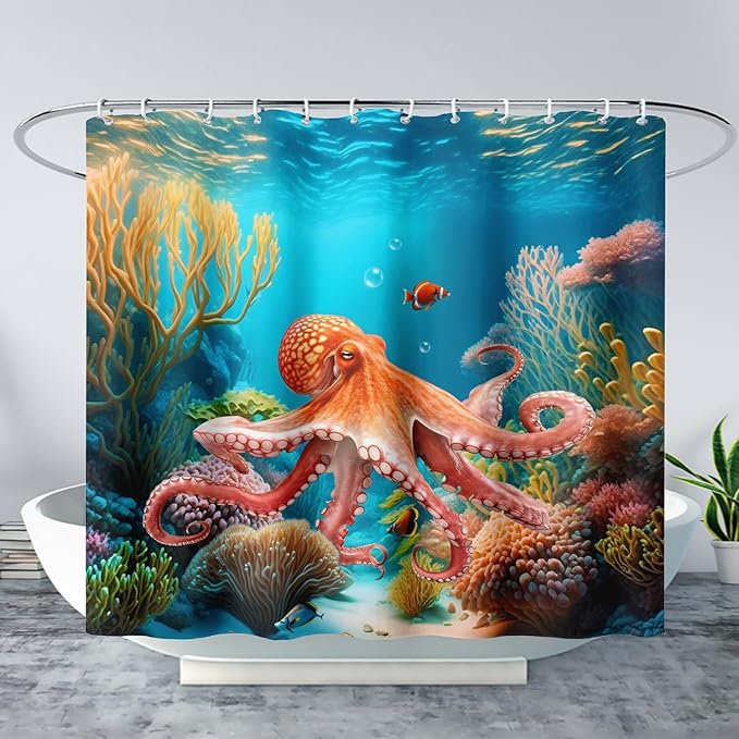 AILONEN Kawaii Octopus Shower Curtain,3D Octopus Turquoise Themed Bath Curtain Cloth Fabric Bathroom 72" W*72" H Inch,12 Pack Hooks for Kids Child,Boho Mandala Ocean Theme Bathroom Curtain