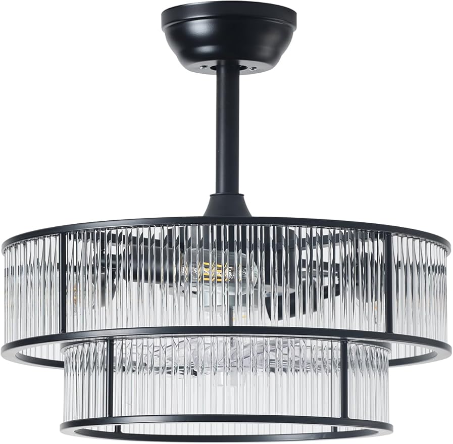 20" Black Crystal fandelier Ceiling Fan with Lights,Black Caged Chandelier Ceiling Fan with Light Remote Control,Enclosed Mid Century with 6 Speeds for Bedroom,Living Room,Nursery