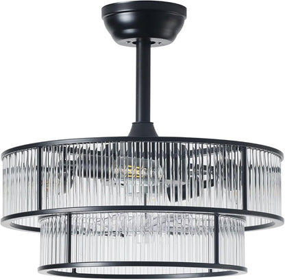 20" Black Crystal fandelier Ceiling Fan with Lights,Black Caged Chandelier Ceiling Fan with Light Remote Control,Enclosed Mid Century with 6 Speeds for Bedroom,Living Room,Nursery