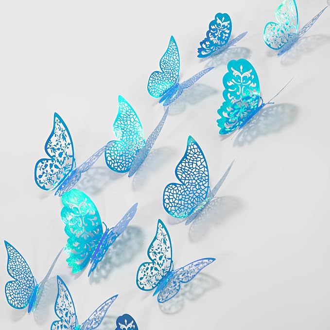 72Pcs 3D Butterfly Wall Decor 3 Sizes 3 Styles, Removable Butterfly Stickers Wall Decals, Butterfly Decorations Party Birthday Cake Decoration for Kids Nursery Wedding Bedroom Room(Blue)