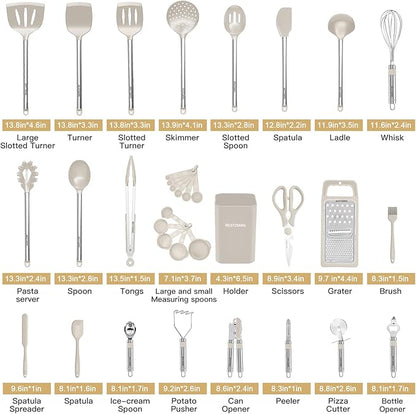 Kitchen Utensil Set-Silicone Cooking Utensils-33 Kitchen Gadgets & Spoons for Nonstick Cookware-Silicone and Stainless Steel Spatula Set-Best Kitchen Tools, Useful Pots (Khaki)