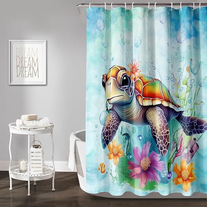 AILONEN Cute Sea Turtle Shower Curtain,Boys Kids Ocean Turtle Bath Curtain with 12 Plastic Hooks,Watercolor Sea Turtle Decorative Waterproof Curtain 72" W*72" H