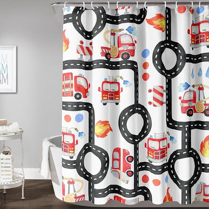 AILONEN Fire Truck Shower Curtain for Boys Bathroom Decor,Firemen Truck Bath Curtain,Construction Truck Printed Kids Curtain,Waterproof with 12 Plastic Hooks, 36" W x 72" H