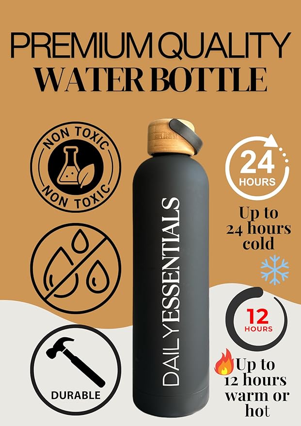 Daily Essentials Matte Black Stainless Steel Water Bottle With Bamboo Lid, 34 oz