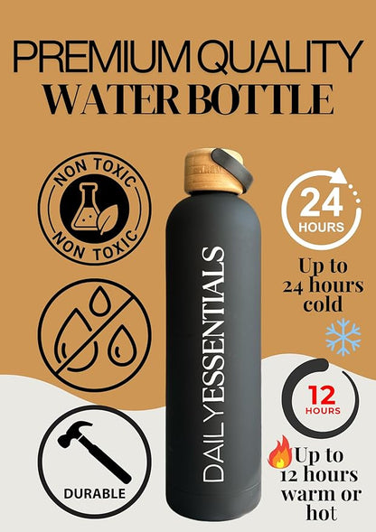 Daily Essentials Matte Black Stainless Steel Water Bottle With Bamboo Lid, 34 oz